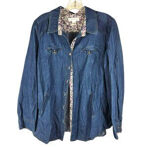Christopher & Banks Denim Button-Down Shirt Shacket Floral Trim Womens L JH1850
